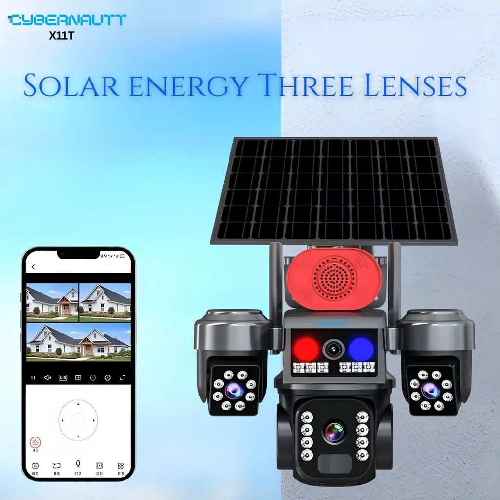 Cybernautt X11T Triple-Lens 4G Solar Security Camera with Three 4MP Lenses, 1080P Full HD Video, 350° Pan and 90° Tilt Coverage, Wire-Free Solar-Powered Operation, Built-In Siren and Two-Way Audio,