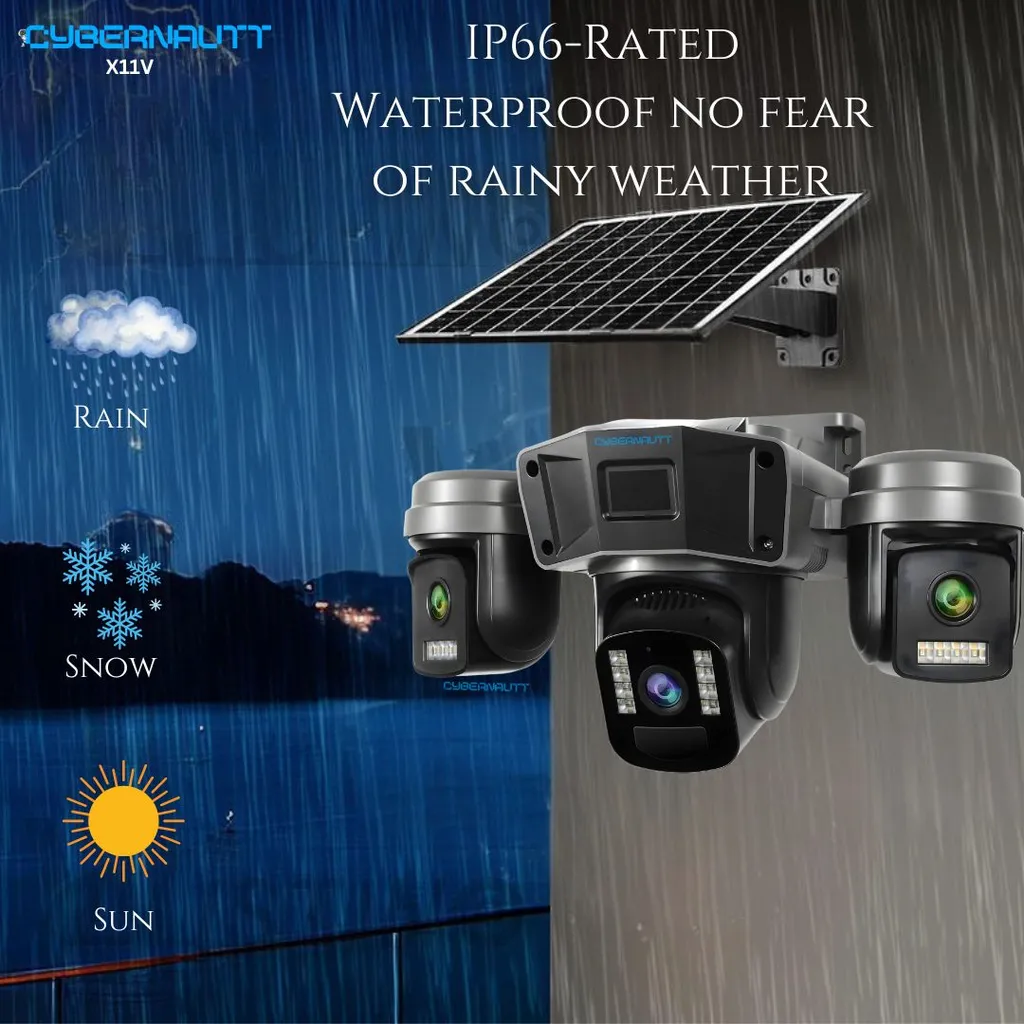Cybernautt X11V Triple-Lens 4G SIM Solar Security Camera with Three 4MP Lenses, 1080P Full HD Video, Smart Motion Detection and Instant Alerts, Infrared Night Vision, Two-Way Audio,