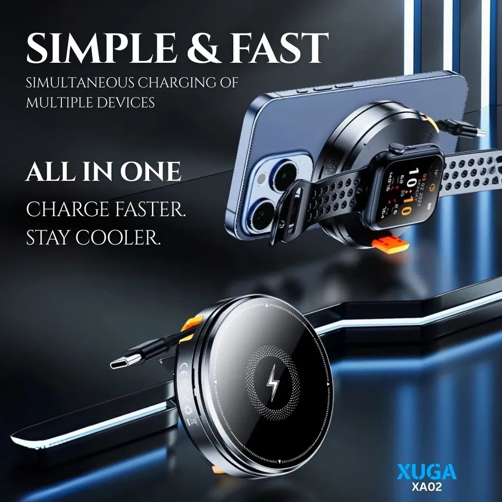XUGA XA02 Wireless and Retractable Charger | Super Fast 15W Charger | Phone and Watch Charger | Front and Back Wireless Charging | for Android Phones & iPhone | Premium Design