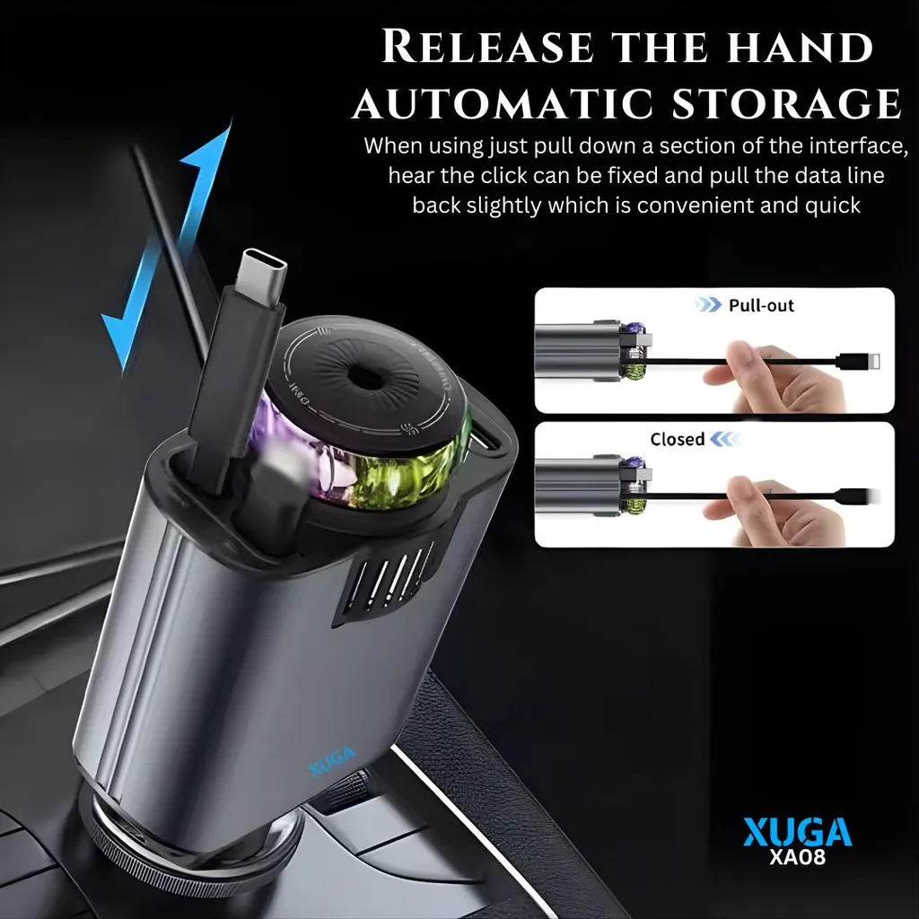 XUGA XA08 5 in 1 Starlight Retractable Car Charger, Aromatherapy Diffuser, 2 Retractable Cables & 1 USB Port, Air Freshner, Fast Car Charger, Starry Light