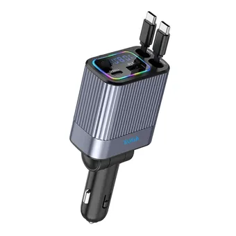 XUGA XA05 4 in 1 Retractable Car Charger,180 Degree, 2 Retractable Cables & 1 USB Port, 1 Type C, 2 Cable Car Adapter for Android Phones & iPhone 16/15/14/13/12/11