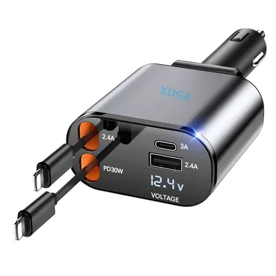 XUGA XA03 120W 4 in 1 Retractable Car Charger,Super Fast Charge Car Phone Charger, 1 USB Port, 1 Type C, 1 Other Connector, Car Charging Adapter for Phone