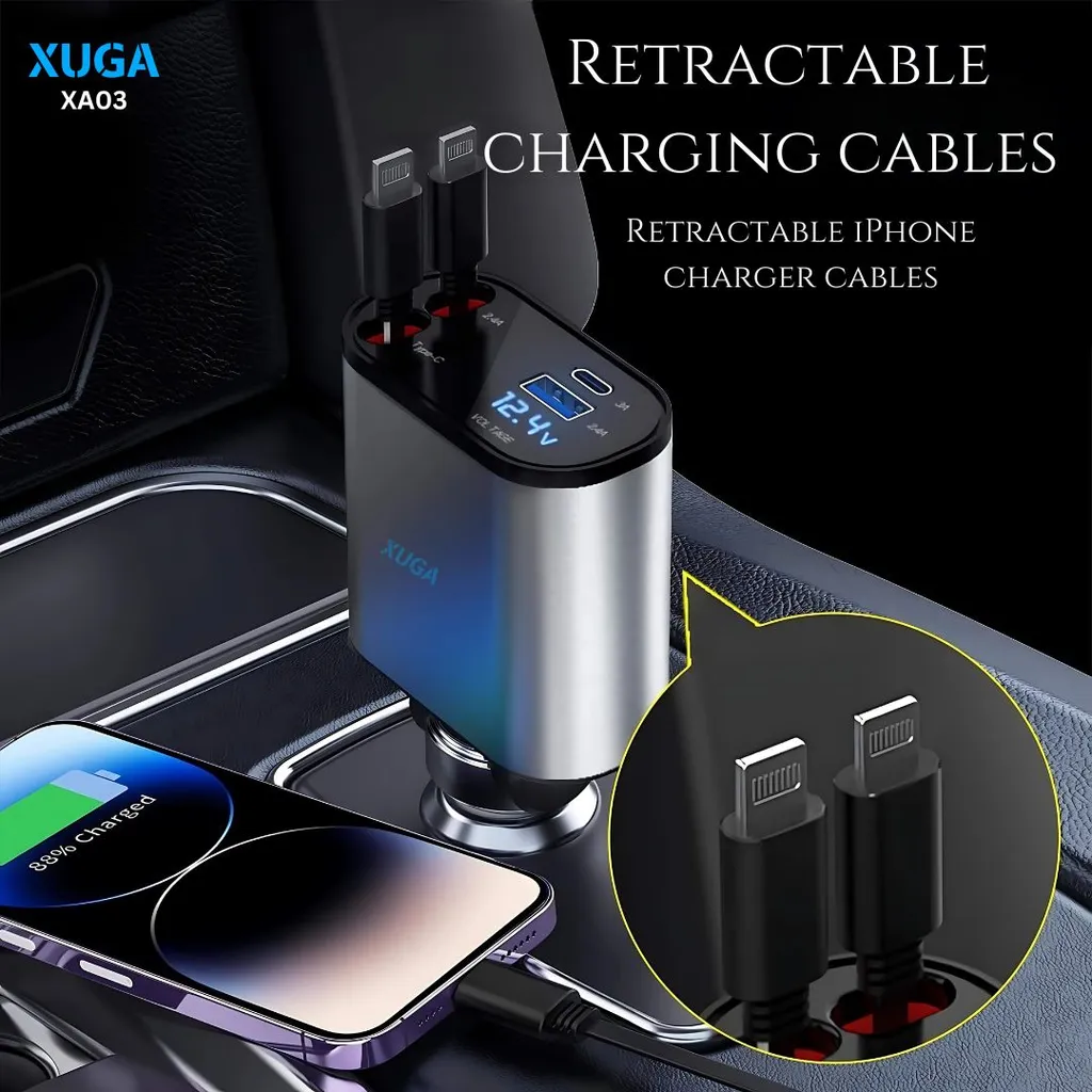XUGA XA03 120W 4 in 1 Retractable Car Charger,Super Fast Charge Car Phone Charger, 1 USB Port, 1 Type C, 1 Other Connector, Car Charging Adapter for Phone