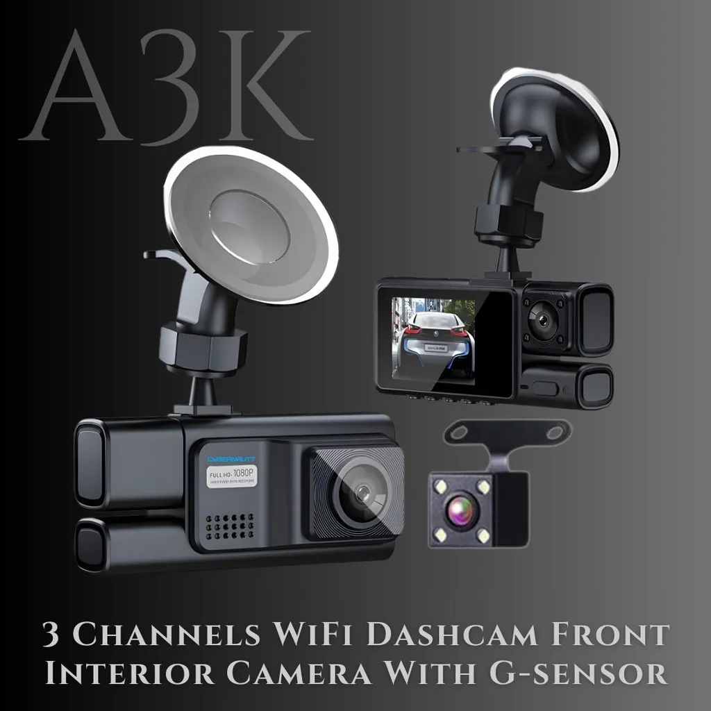 Cybernautt A3K 3 Channel WiFi Dash Cam – Front, Cabin, Rear Triple Lens Camera with Night Vision, Parking Mode, G-Sensor, 150° Wide Angle