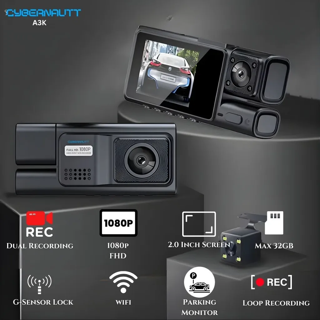Cybernautt A3K 3 Channel WiFi Dash Cam – Front, Cabin, Rear Triple Lens Camera with Night Vision, Parking Mode, G-Sensor, 150° Wide Angle