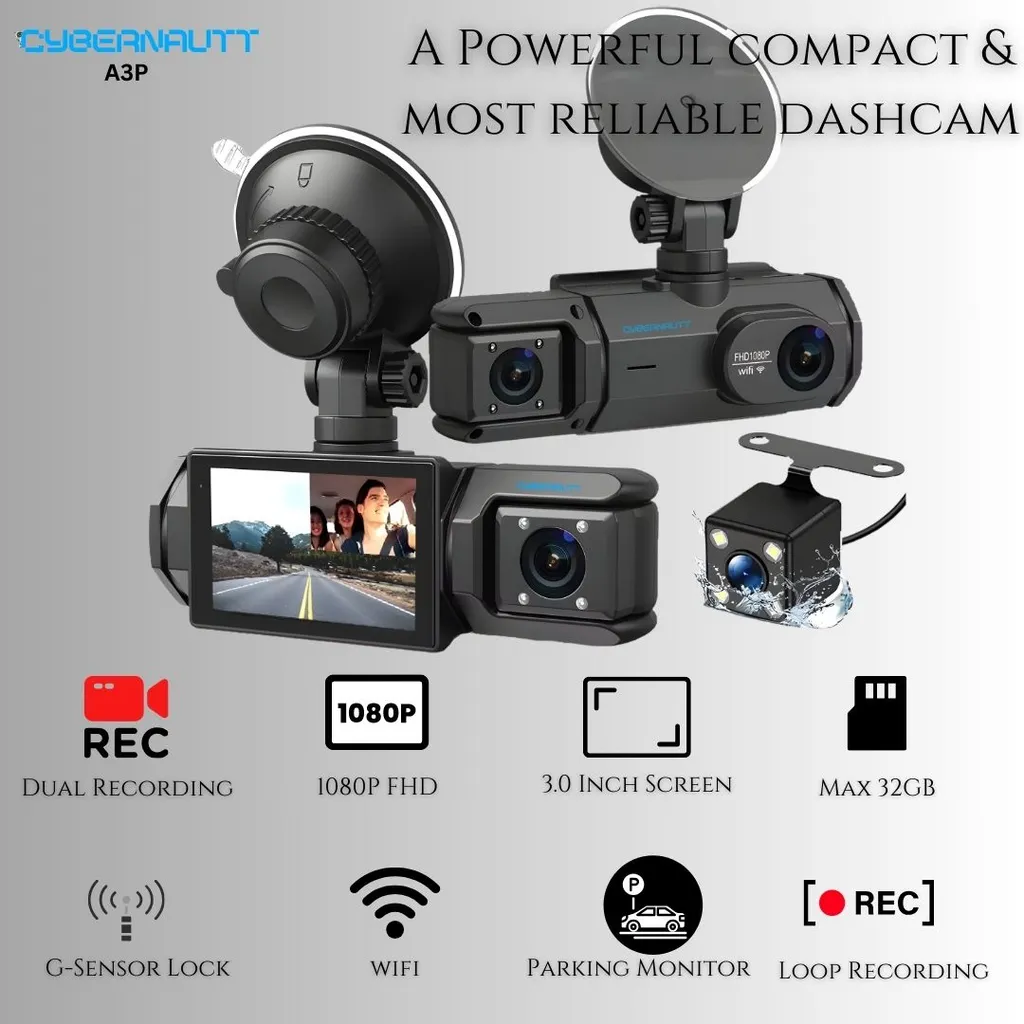 Cybernautt A3P 3 Channel Dash Cam Front and Rear with Cabin Camera, 3