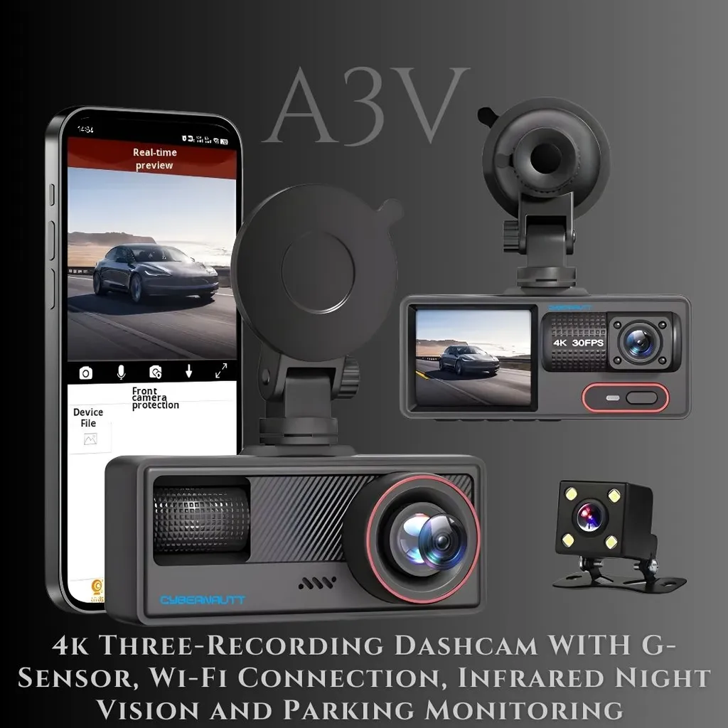 Cybernautt A3V 3 Channel Dash Cam Front Rear and Inside, 3 Way Triple Car Camera with Night Vision, Wi-Fi, 140° Wide Angle, G-Sensor, Parking Mode, Support 32GB SD Card