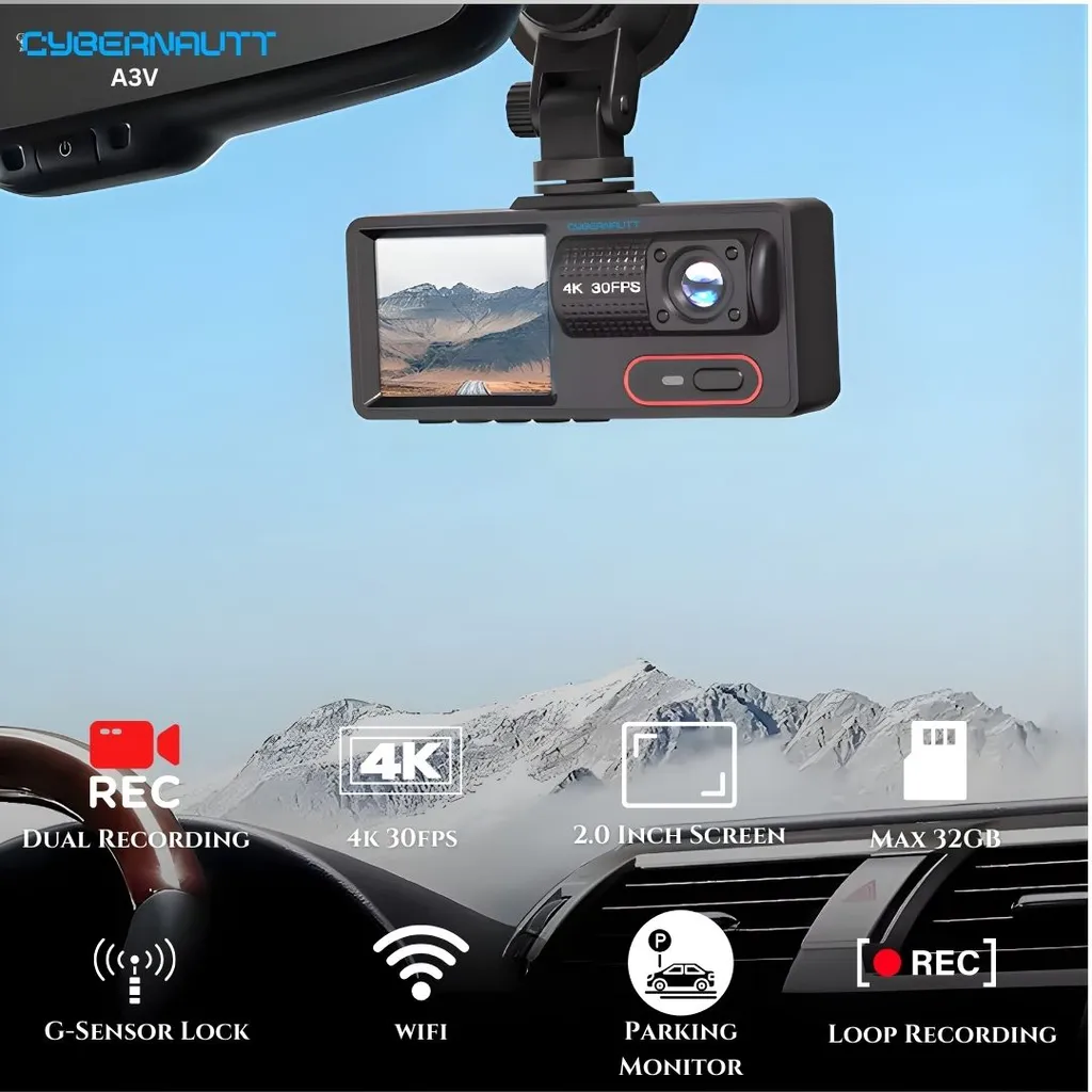 Cybernautt A3V 3 Channel Dash Cam Front Rear and Inside, 3 Way Triple Car Camera with Night Vision, Wi-Fi, 140° Wide Angle, G-Sensor, Parking Mode, Support 32GB SD Card