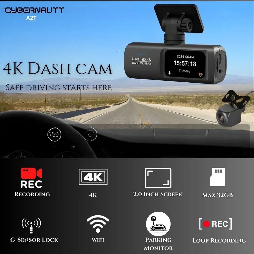 Cybernautt A2T Dual Channel Dash Cam Front and Rear with Wi-Fi, 170° Wide Angle, Full HD 1080P, Night Vision, G-Sensor, Parking Mode, Loop Recording