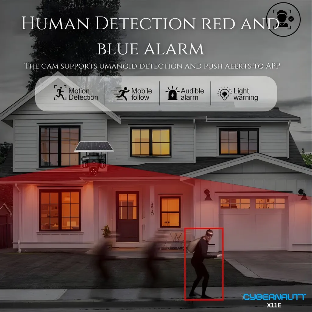 Cybernautt X11E 4G LTE Solar Security Camera Outdoor, 18MP Triple Lens, AI Human Detection, Full-Color Night Vision