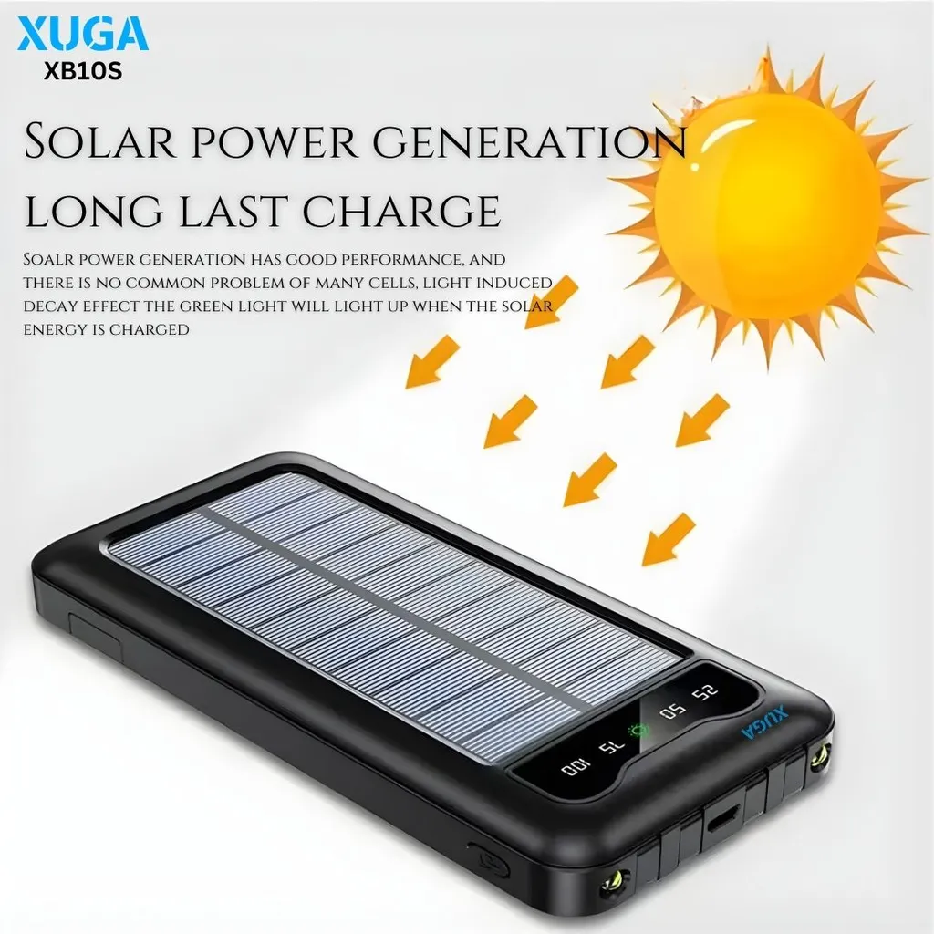Xuga XB10S Solar Power Bank 10000mAh, 22.5W Fast Charging Portable Charger with Solar Panel, Triple Protection for iPhone Android Phone