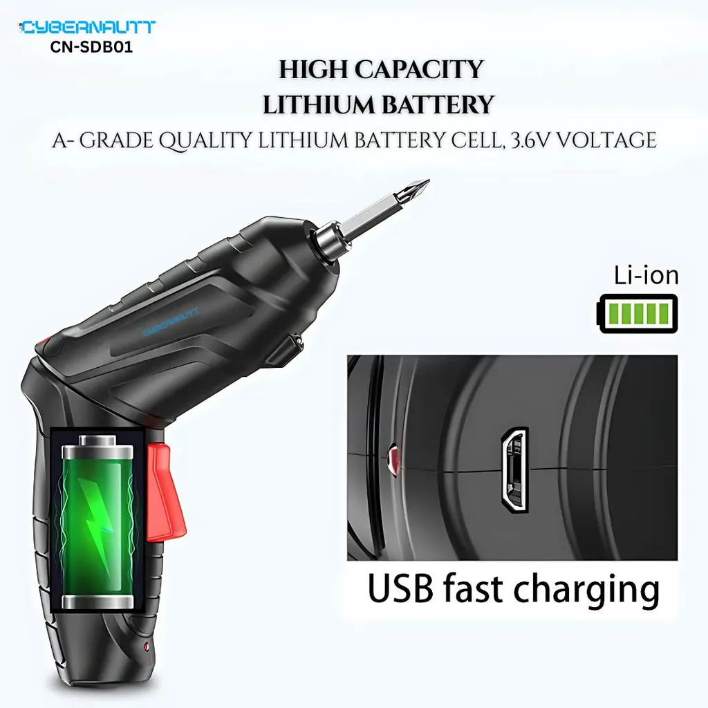 Cybernautt CN-SDB01 Cordless Screwdriver 3.6V Lithium Ion, 1300-1800mAh Rechargeable Battery, 250RPM Auto Lock Screwdriver for Home DIY