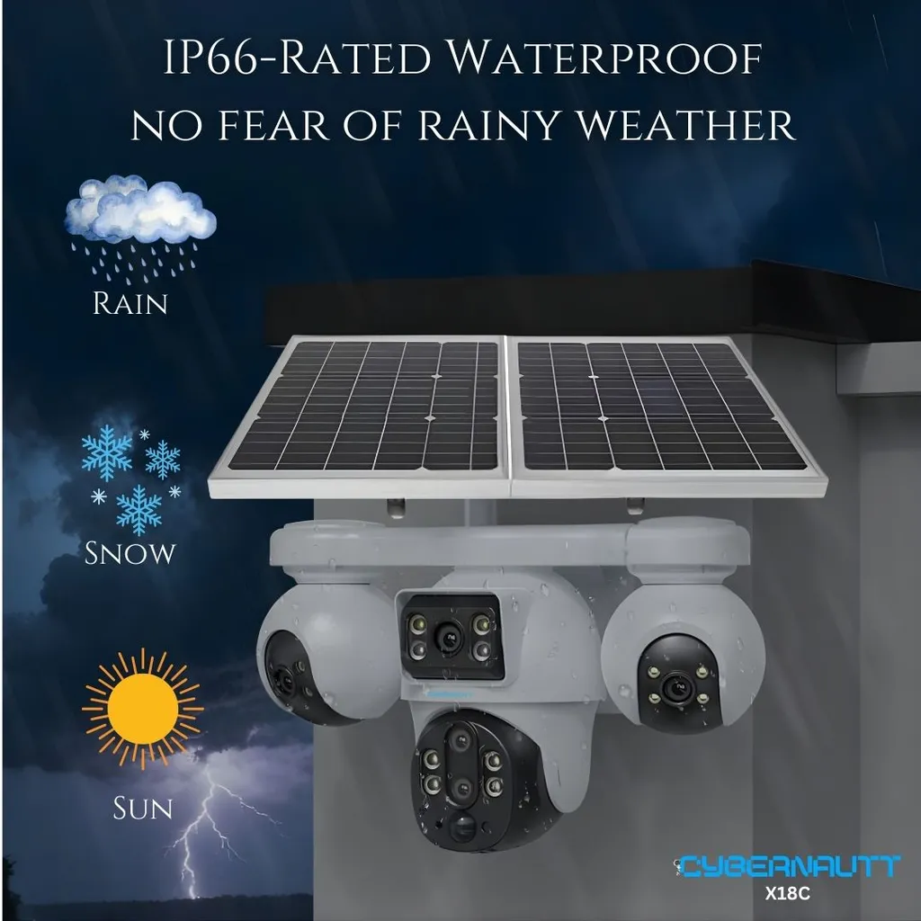 Cybernautt X18C 16MP 4G LTE Solar Security Camera, 10000mAh Battery Powered, All 3 Mobile controlled Lens, 4-Lens Stitched Vision, AI Human Detection, Dual-Light Color Night Vision
