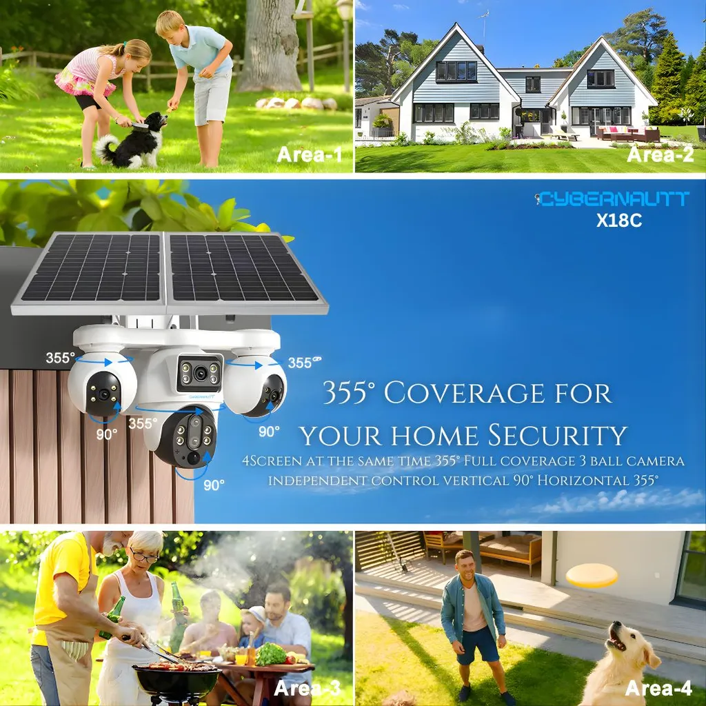 Cybernautt X18C 16MP 4G LTE Solar Security Camera, 10000mAh Battery Powered, All 3 Mobile controlled Lens, 4-Lens Stitched Vision, AI Human Detection, Dual-Light Color Night Vision