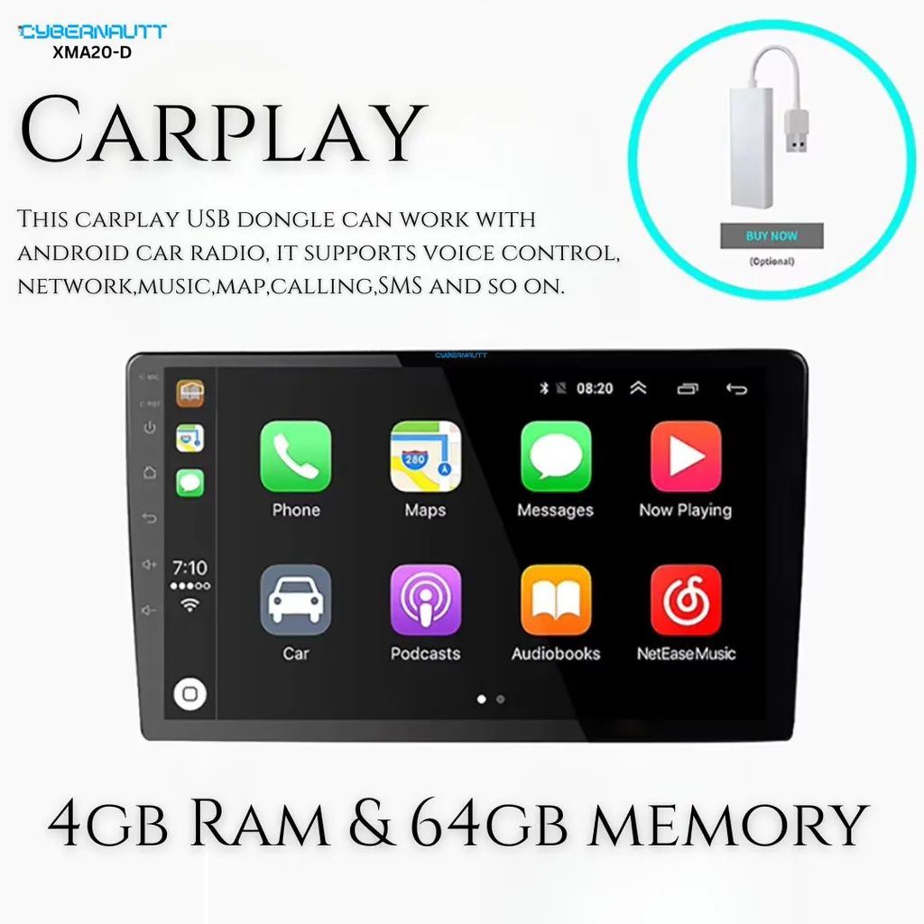 Cybernautt XMA20-D 10.1 inch 4GB RAM/64GB ROM FHD Apple Car Play & Android Auto Car Dashboard Stereo with Dashcam