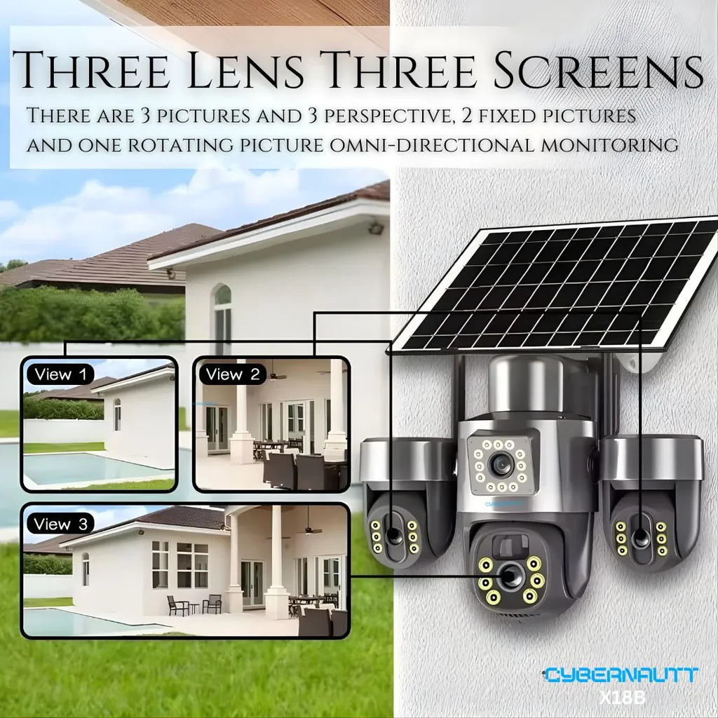 Cybernautt X18E Solar Security Camera Wireless Outdoor, 4G LTE Cellular Security Camera No WiFi Needed, All 3 Mobile controlled Lens, 18MP Dual Lens Night Vision, AI Human Detection, 2-Way Audio