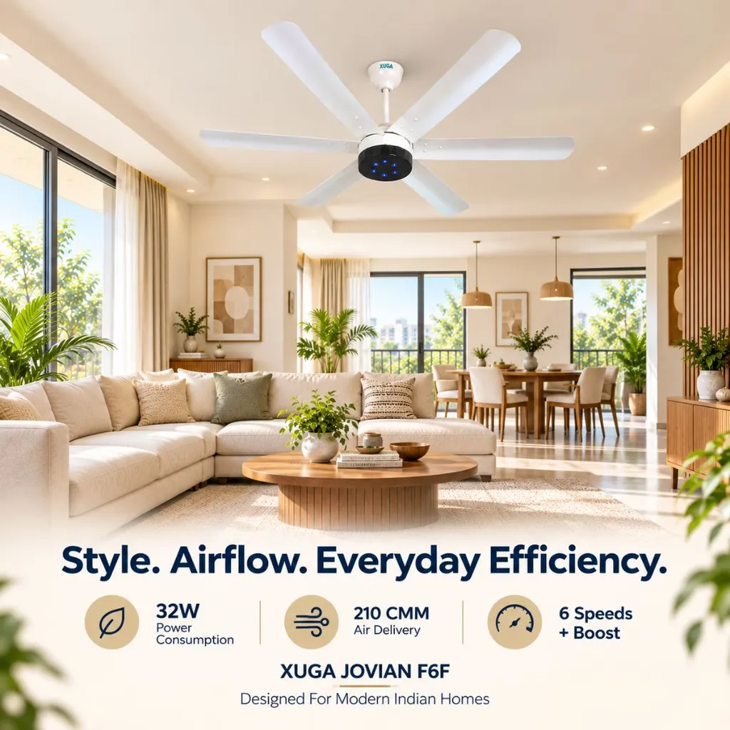 Xuga Jovian F6F Premium 1200mm Ceiling Fan | High SV 6.87 Service Value | 32W Low Power Consumption with 210 CMM Airflow | 6+ Boost Speed Settings I 5-year warranty