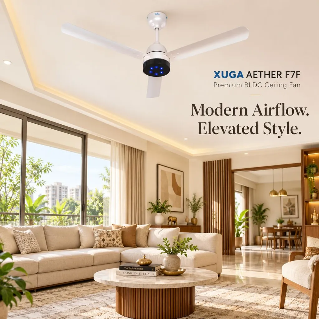 Xuga Aether F7F 3-Blade BLDC Ceiling Fan | 1200mm Sweep | 380 RPM High-Speed Motor | 220 CMM Air Delivery | Energy Saving 28W with 6+ Boost Speeds & Low THD | Copper Motor | 5 Years Warranty