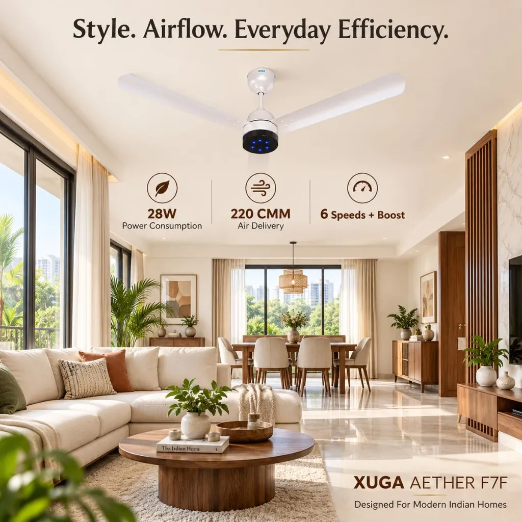 Xuga Aether F7F 3-Blade BLDC Ceiling Fan | 1200mm Sweep | 380 RPM High-Speed Motor | 220 CMM Air Delivery | Energy Saving 28W with 6+ Boost Speeds & Low THD | Copper Motor | 5 Years Warranty
