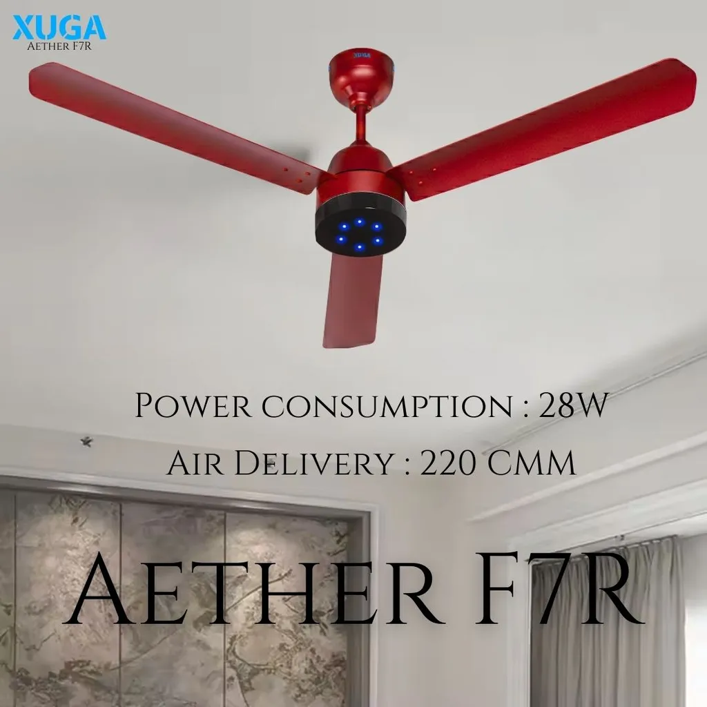 Xuga Aether F7R 3-Blade BLDC Ceiling Fan | 1200mm Sweep | 380 RPM High-Speed Motor | 220 CMM Air Delivery | Energy Saving 28W with 6+ Boost Speeds & Low THD