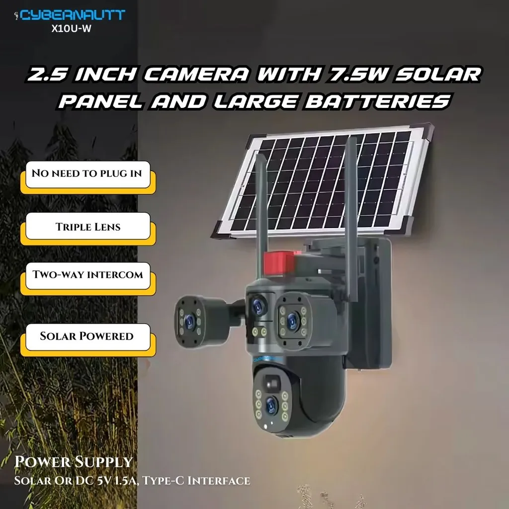 Cybernautt X10U-W Triple Lens Solar WiFi Camera,  PTZ Outdoor Security Camera with Dual Spotlight, 360° Coverage, Human Detection, Color Night Vision, Waterproof