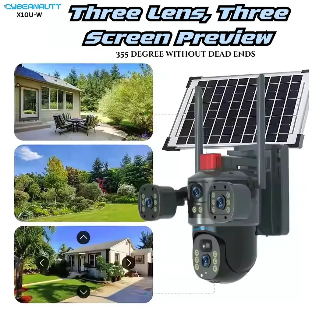 Cybernautt X10U-W Triple Lens Solar WiFi Camera,  PTZ Outdoor Security Camera with Dual Spotlight, 360° Coverage, Human Detection, Color Night Vision, Waterproof
