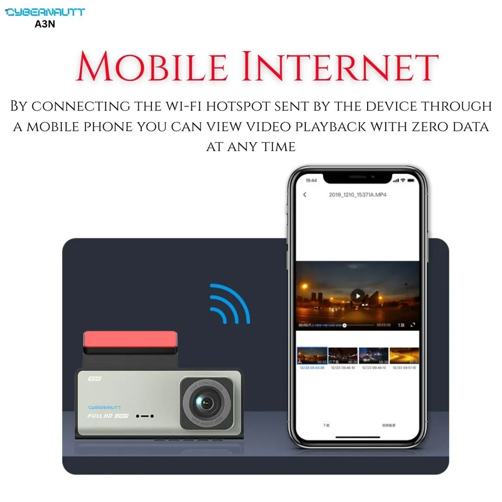 Cybernautt A3N Triple Dash Cam: 3 Channel WiFi Car Camera with Night Vision, 170° Wide Angle, 2Inch Screen, G-Sensor Parking Mode, Loop Recording (up to 128GB SD)