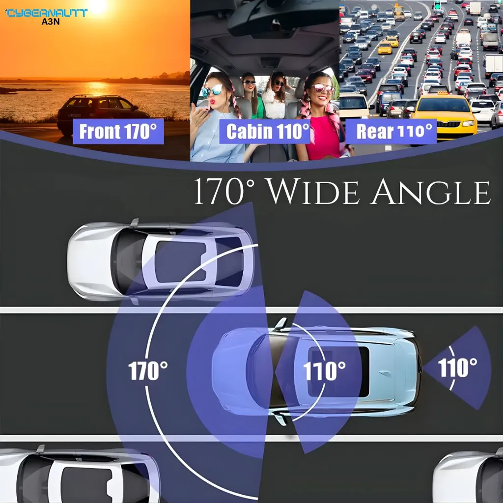 Cybernautt A3N Triple Dash Cam: 3 Channel WiFi Car Camera with Night Vision, 170° Wide Angle, 2Inch Screen, G-Sensor Parking Mode, Loop Recording (up to 128GB SD)