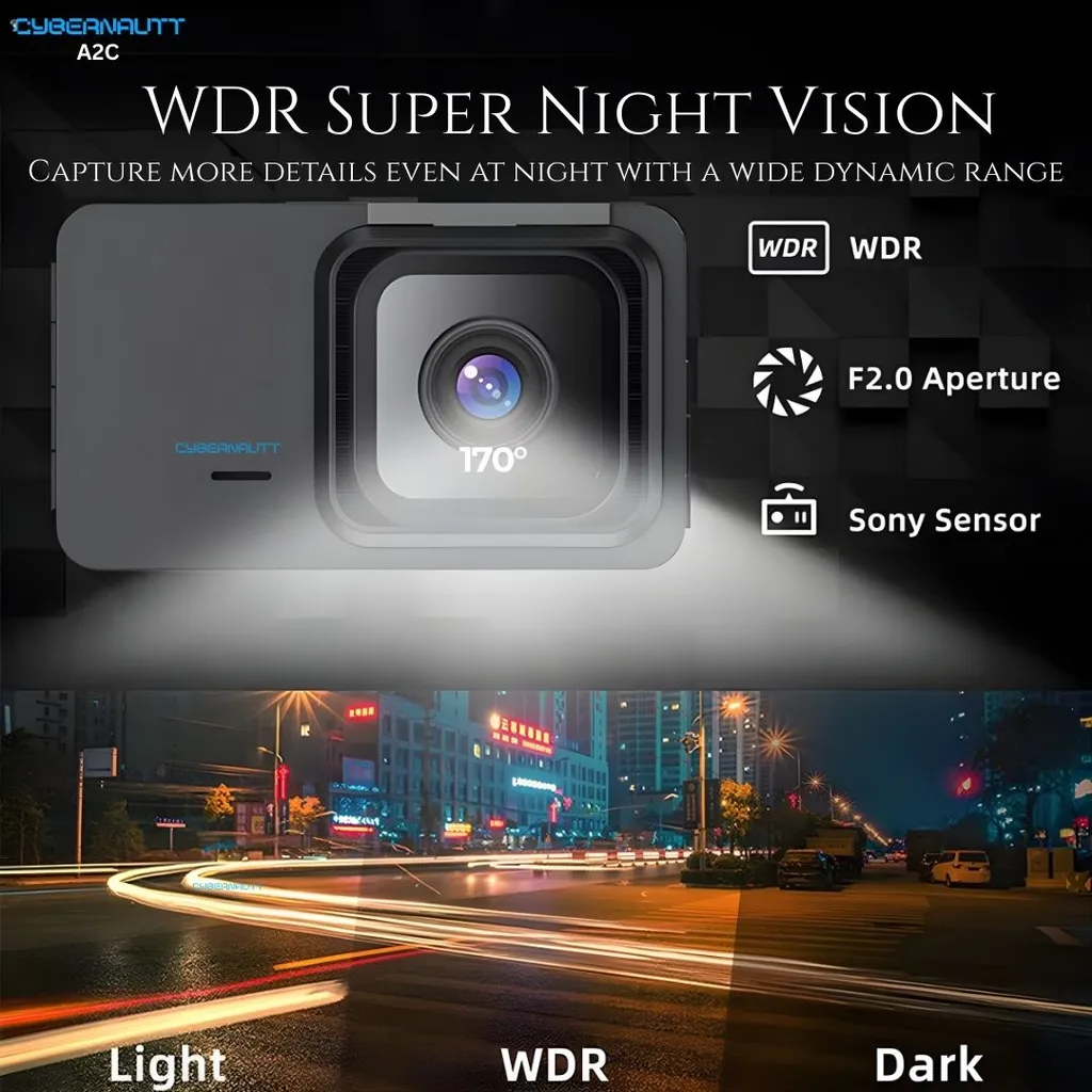 Cybernautt A2C Dual Dash Cam 2 Channel WiFi, 3Inch IPS Screen 140° Wide Angle Car Dashboard Camera with Night Vision, G-Sensor, Loop Recording, Motion Detection, Supports 128GB