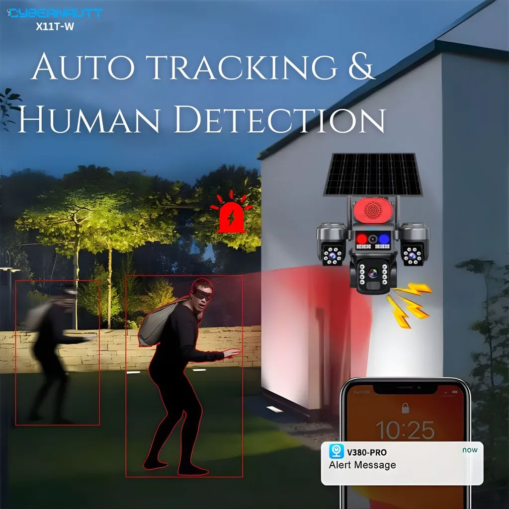 Cybernautt X11T-W Triple-Lens Wifi Solar Security Camera with Three 4MP Lenses, 1080P Full HD Video, 350° Pan and 90° Tilt Coverage, Wire-Free Solar-Powered Operation, Built-In Siren and Two-Way Audio