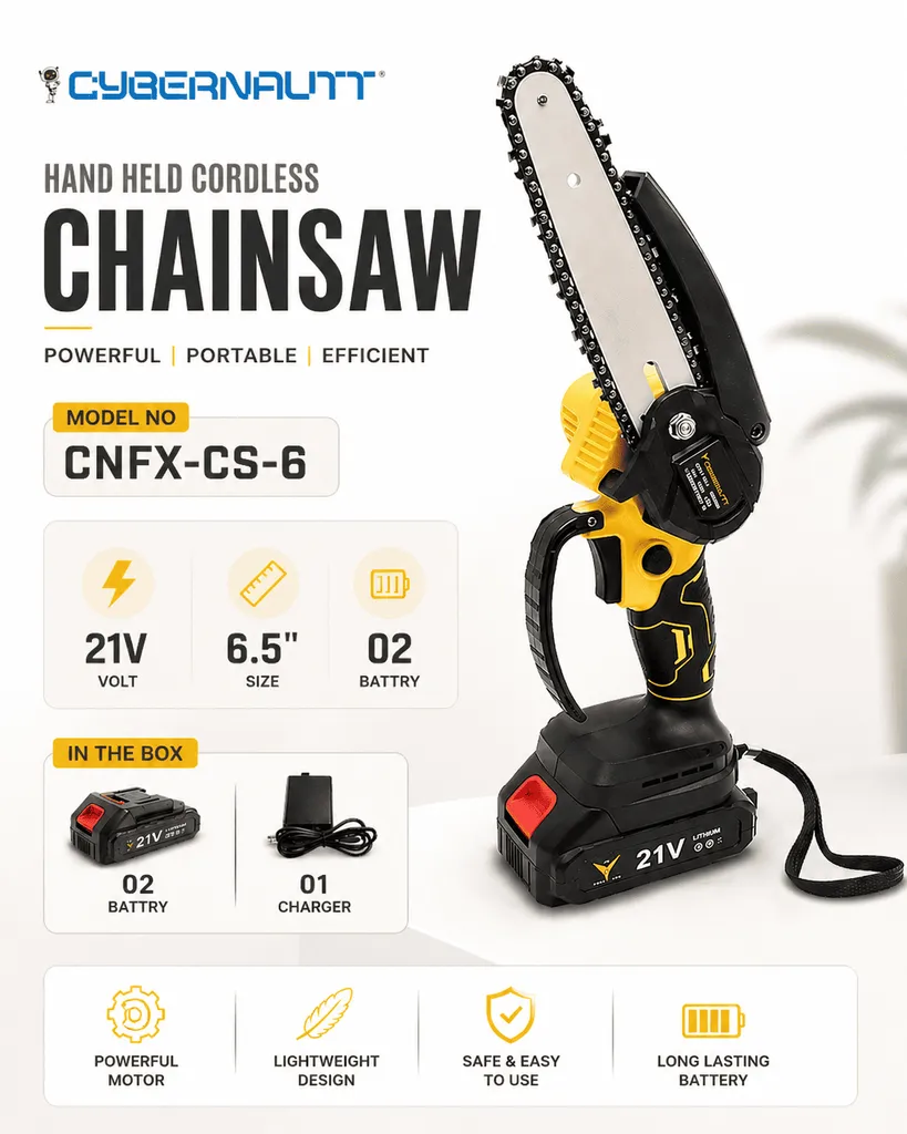 Cybernautt FM Cordless Chainsaw 21V | 6.5 Inch Mini Electric Chain Saw CNFX-CS-6 | Portable Battery Operated Wood Cutter Machine | 2 Batteries & Charger | Handheld Chainsaw for Wood Cutting, Gardening, Tree Trimming