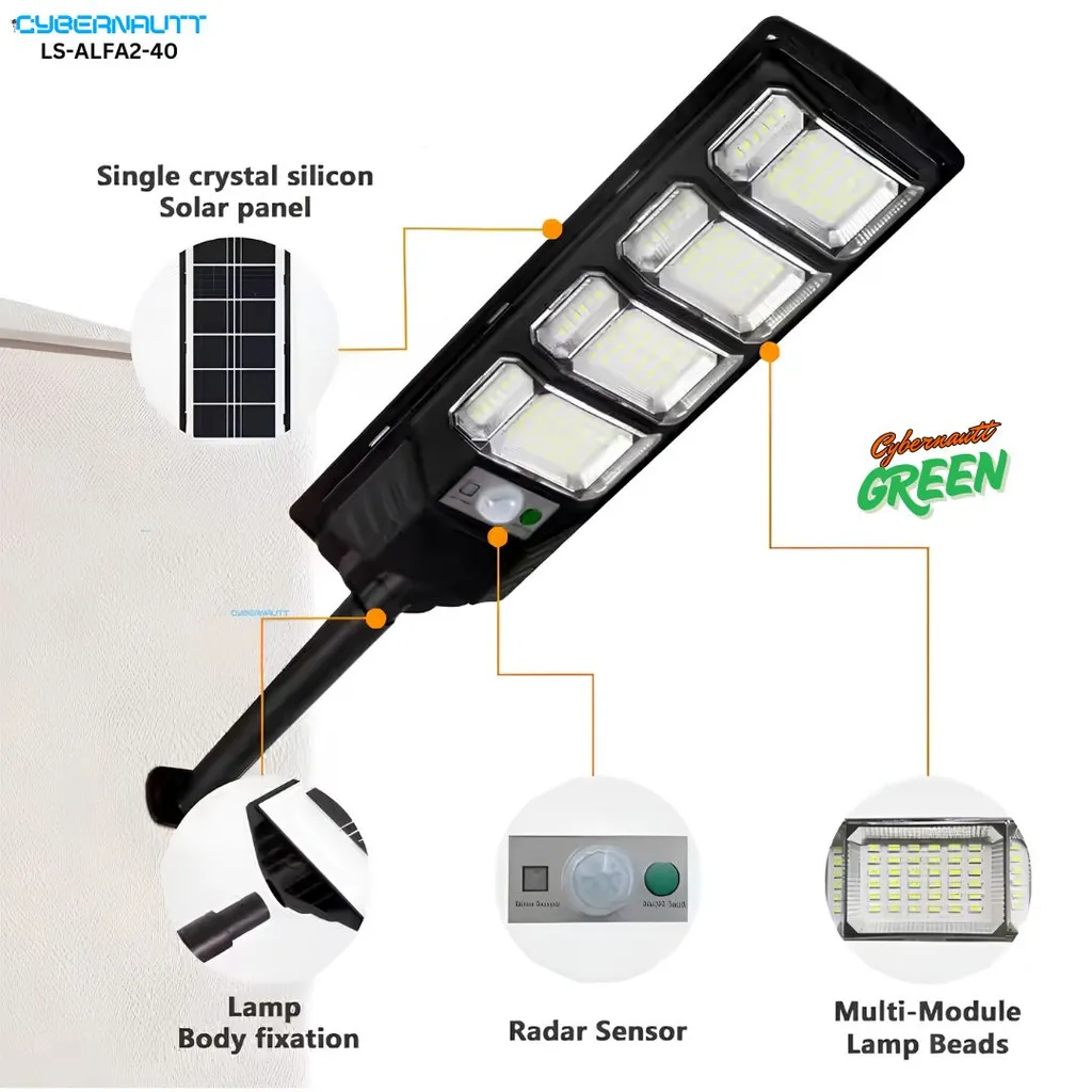 Cybernautt LS-ALFA2-40 40w Solar Street Light – 1500mAh Battery, 6000K Daylight, IP54 Waterproof, 450lm/W Efficiency, 50,000H Lifespan