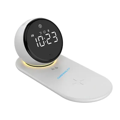 Cybernautt AX06 Alarm Clock Music System – 5-in-1 Wireless Charger, Bluetooth Speaker, Ambient Night Light, LED Clock with Magnetic Mount – for Bedroom, Home, Office