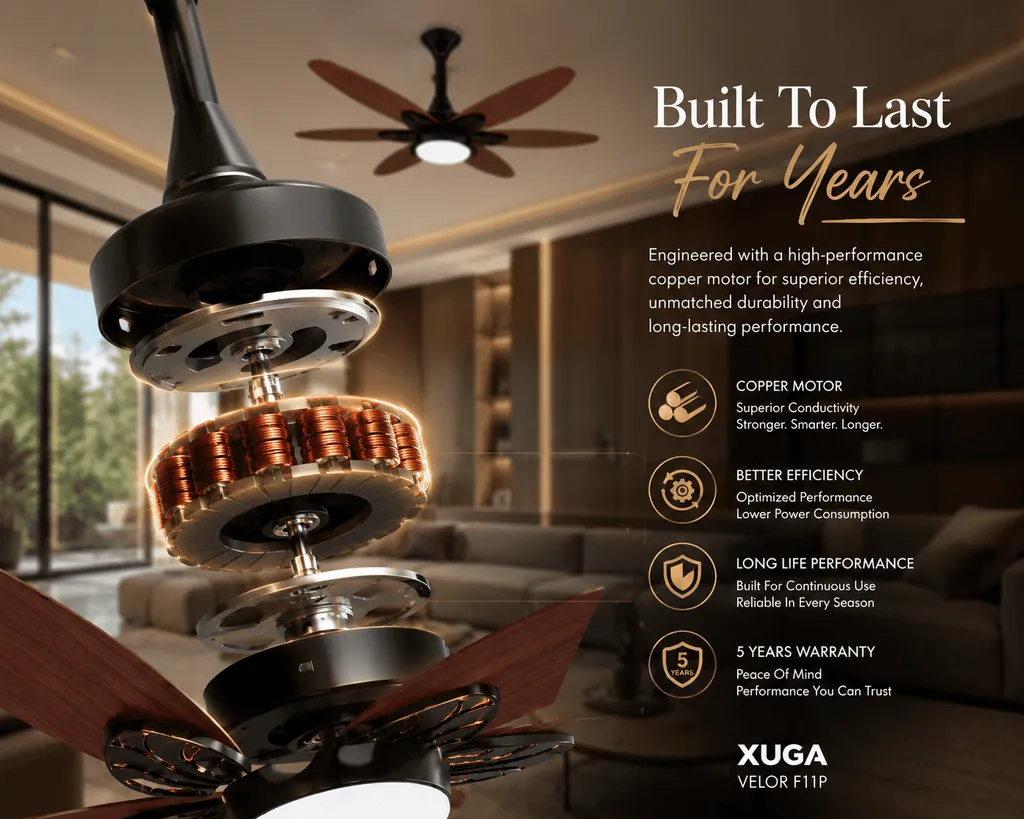 XUGA Velor F11P 1200mm Premium BLDC Ceiling Fan with Remote Control, Oakwood Finish, Sweep: 1200 mm , Copper Motor , 5 Years Warranty