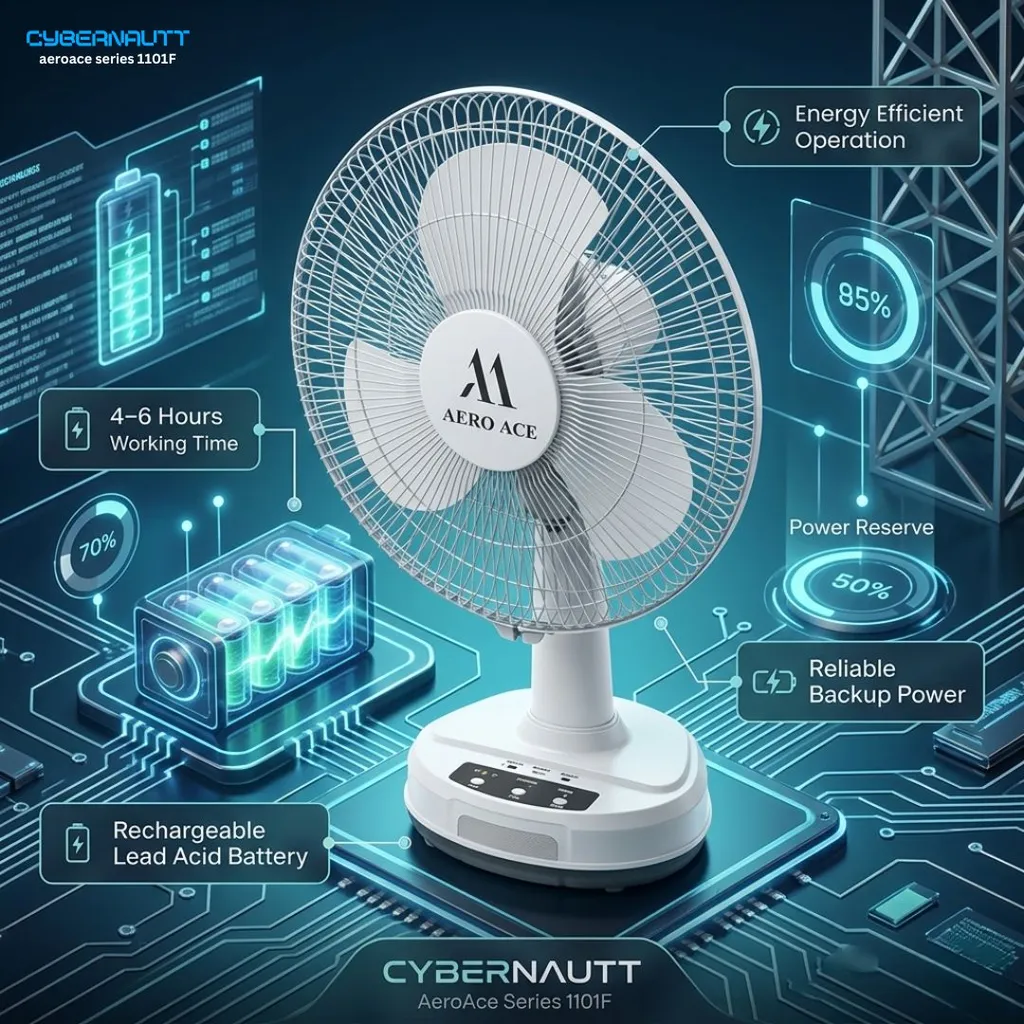 Cybernautt Fan AeroAce Series 1101F 60W Rechargeable Stand Fan – 3-Speed Table Fan with 4-6 Hrs Battery Life, Wired/Battery Powered, 65dB Quiet Operation for Home, Workshop, Garage, Outdoor & Camping