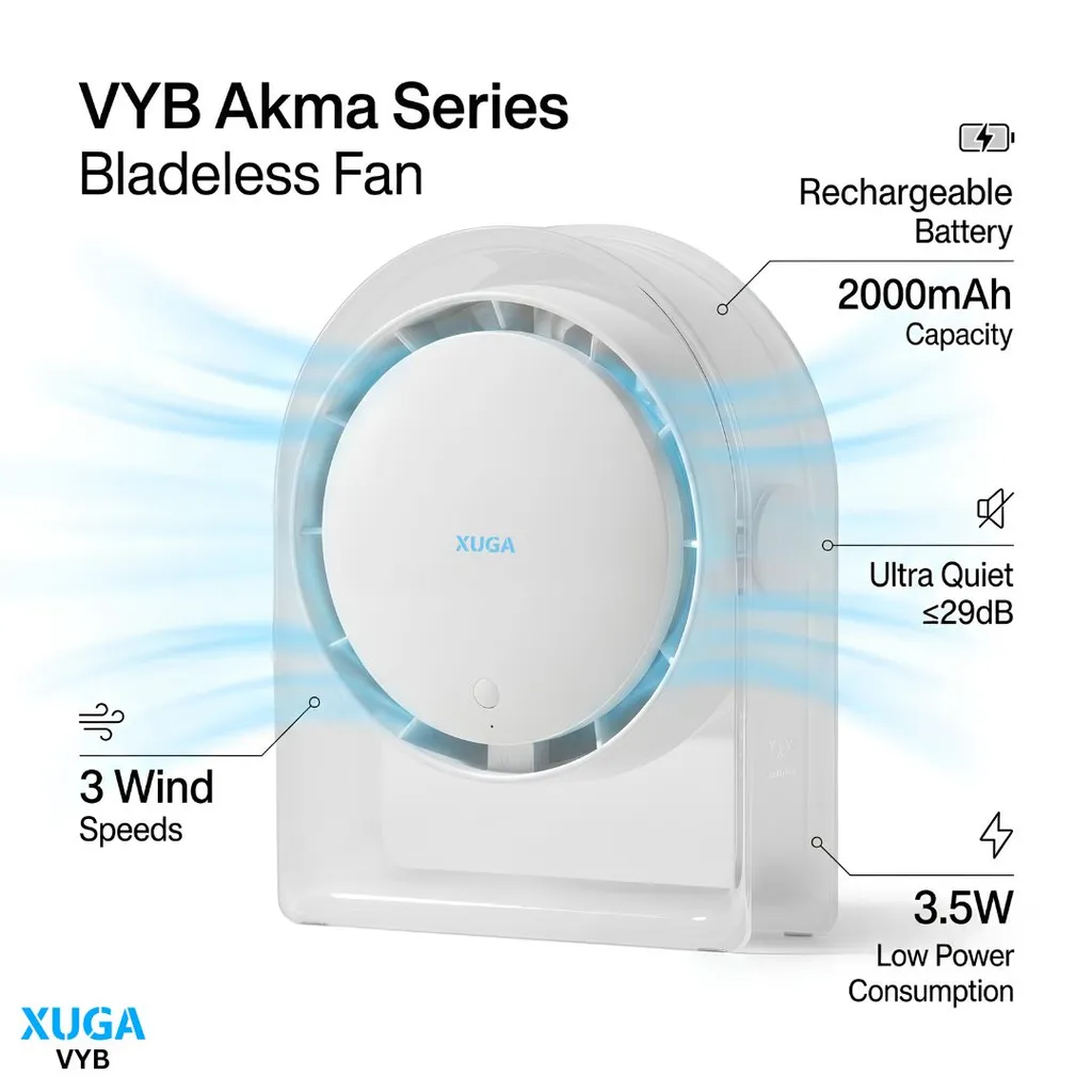 Xuga VYB Akma Series – 3.5W Bladeless Fan | 2000 mAh Rechargeable Battery | Ultra-Quiet 29 dB | 3-Speed Portable Fan for Car, Home, Outdoor & Hotel