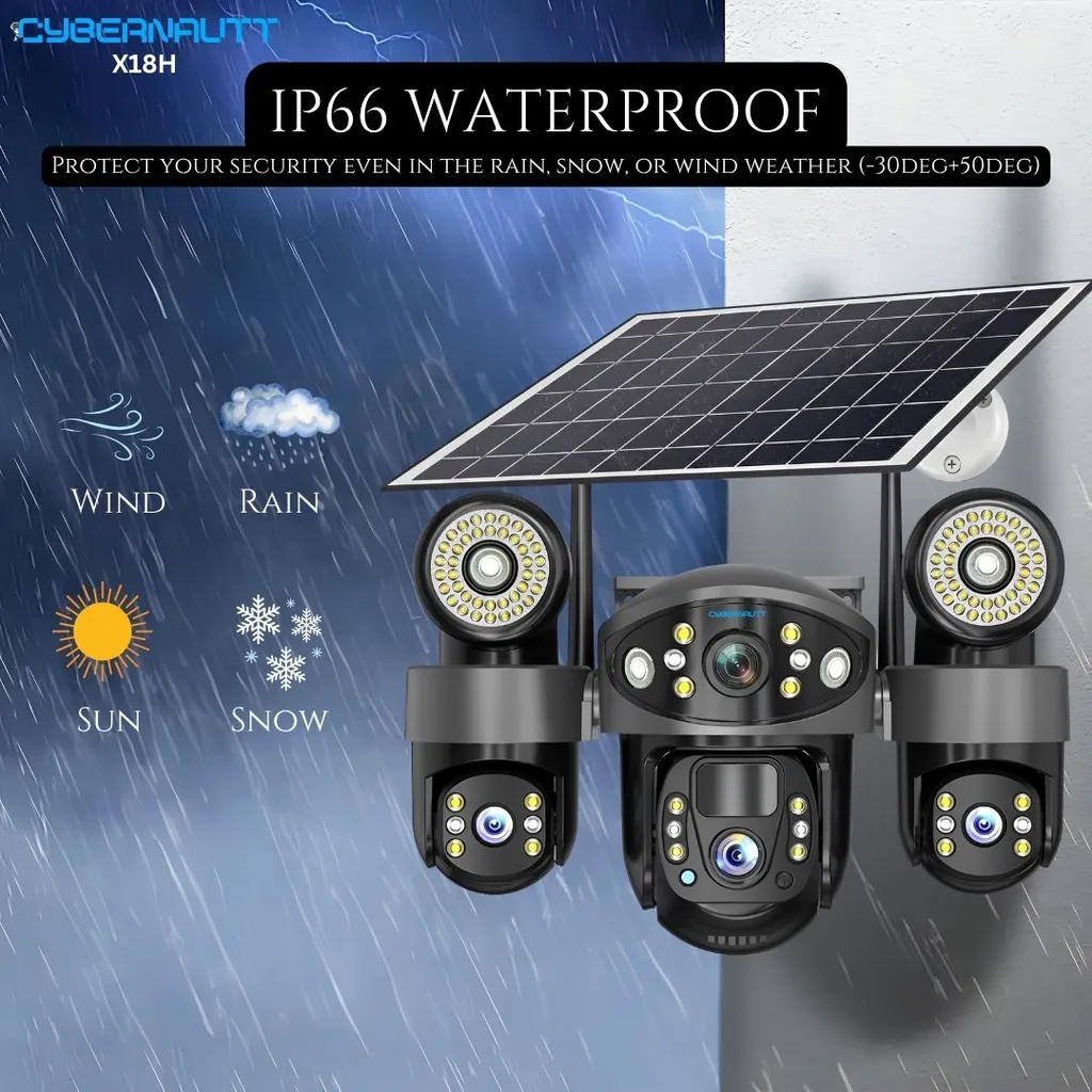 Cybernautt X18H 4G Triple Lens Dual Solar Security Camera All 3 Mobile controlled Lens – 18MP Pan-Tilt 355° with 12000mAh Battery, H.265+, Two-Way Audio, Motion Alert, SD/Cloud Storage, Ideal for Remote Areas