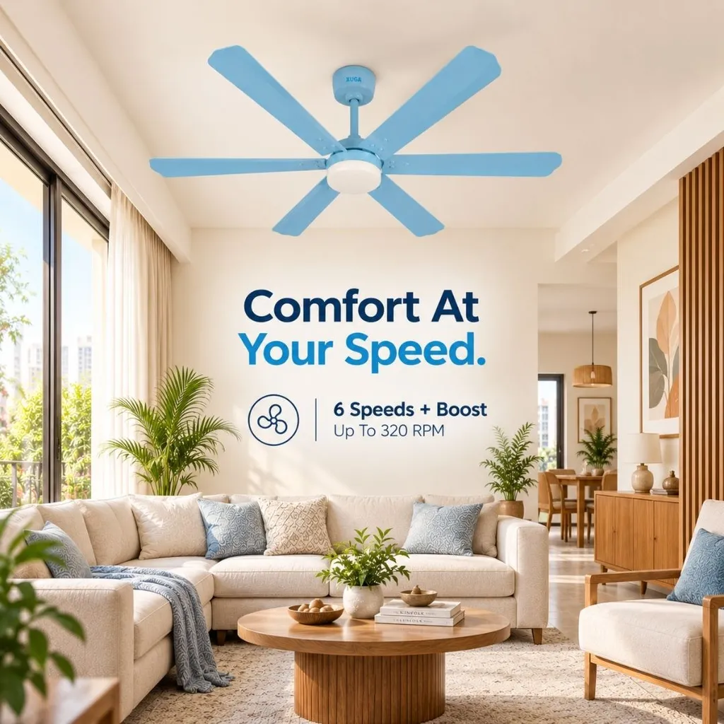 XUGA Zephyr F1K 32W 5 Star 320rpm Copper Motor Light Blue BLDC 6 Blade Ceiling Fan with Remote & Copper Motor, Sweep: 1200 mm | 5 years Warranty