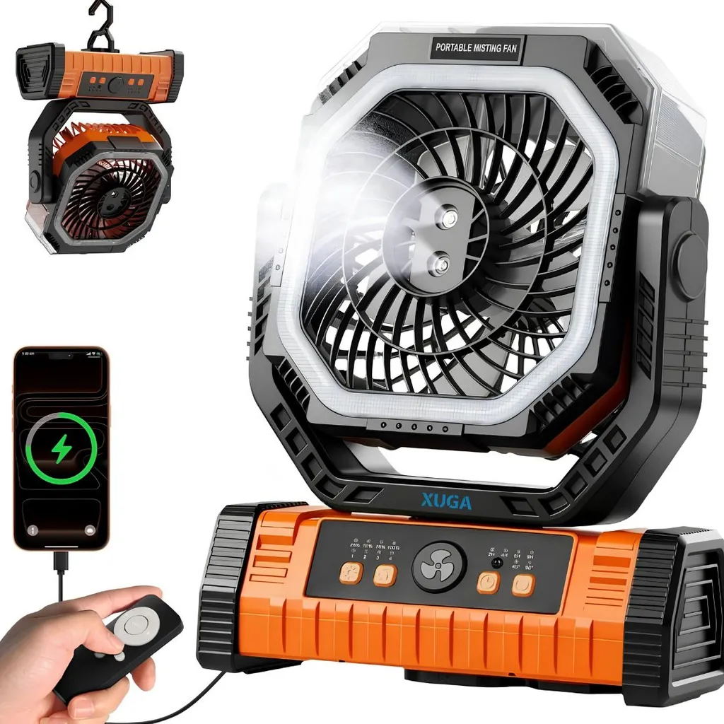 XUGA GRIT-G Portable Fan with LED Light, 8000mAh Battery Powered Camping Fan, 4 Speed Settings, Brushless Motor, 5V Rechargeable Outdoor Fan for Home, Camping, Travel, Garage & Power Cuts