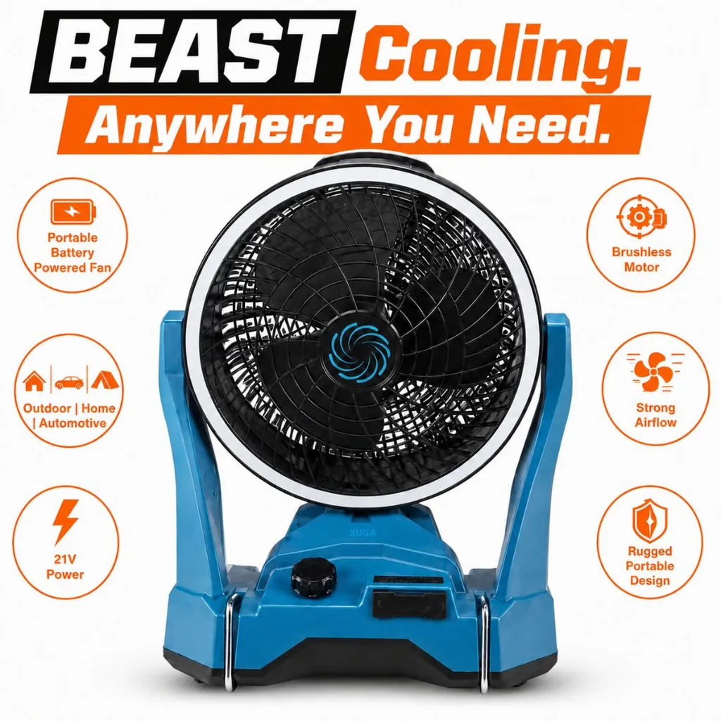 Xuga BEAST Portable Battery Powered Fan, Cordless Fan with Brushless Motor, Strong Air Flow, Adjustable Speed, Cooling Fan for Home, Outdoor, Camping, & Automotive Use