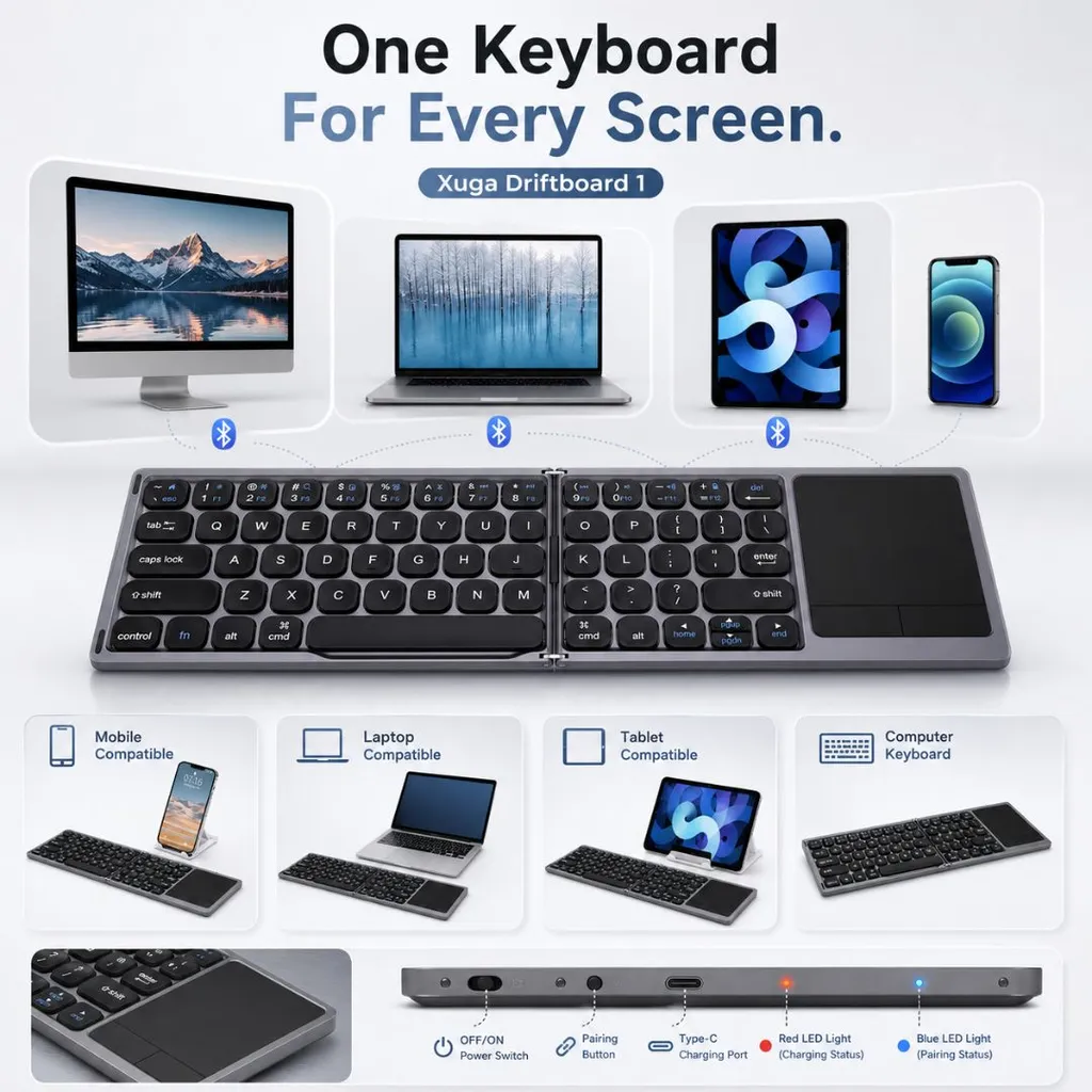 XUGA Driftboard 1 Akma Series Foldable Bluetooth Keyboard with Touchpad, 67 Keys Wireless Portable Keyboard, Bluetooth + 2.4G Dual Mode, USB Type-C Charging, Plug & Play Keyboard for Mobile, Tablet, Laptop & Computer