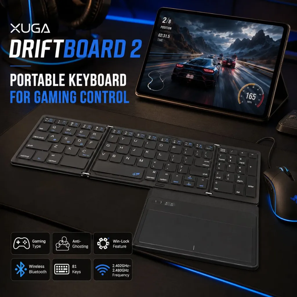 XUGA Driftboard 2 Akma Series Foldable Bluetooth Keyboard with Touchpad, 81 Keys Wireless Mini Keyboard for Mobile, Tablet, Laptop & Gaming, Portable Waterproof Keyboard
