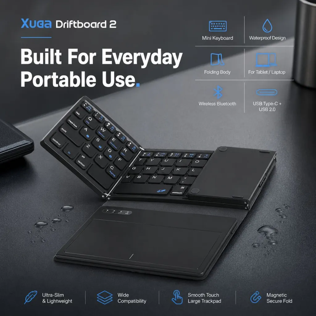 XUGA Driftboard 2 Akma Series Foldable Bluetooth Keyboard with Touchpad, 81 Keys Wireless Mini Keyboard for Mobile, Tablet, Laptop & Gaming, Portable Waterproof Keyboard