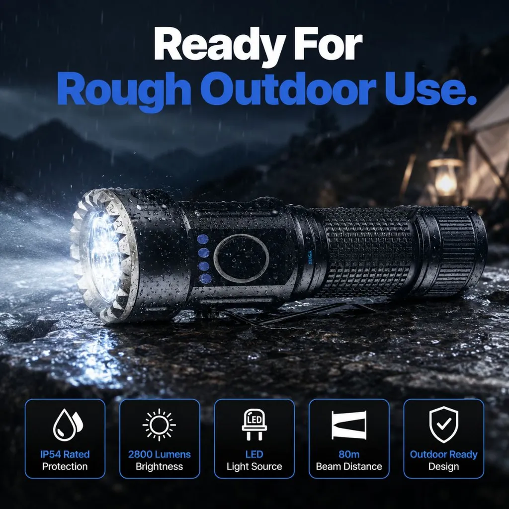 Xuga Photon Akma Series LED Flashlight, 2800 Lumens Rechargeable Torch Light, 20W Portable Flashlight with 80m Beam Distance, IP54 Outdoor Torch, Cool White Light for Camping, Hiking, Travel & Emergency Use