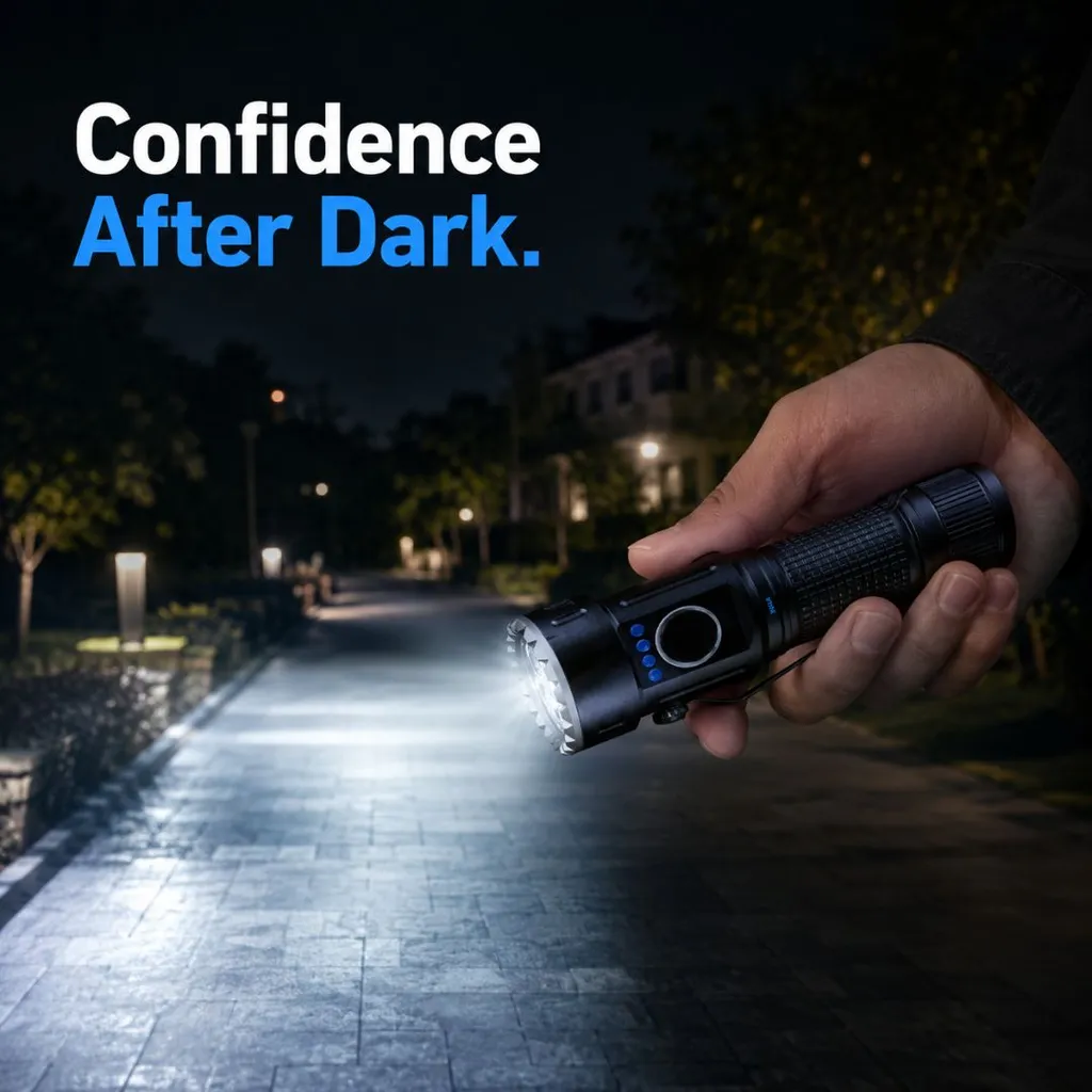 Xuga Photon Akma Series LED Flashlight, 2800 Lumens Rechargeable Torch Light, 20W Portable Flashlight with 80m Beam Distance, IP54 Outdoor Torch, Cool White Light for Camping, Hiking, Travel & Emergency Use