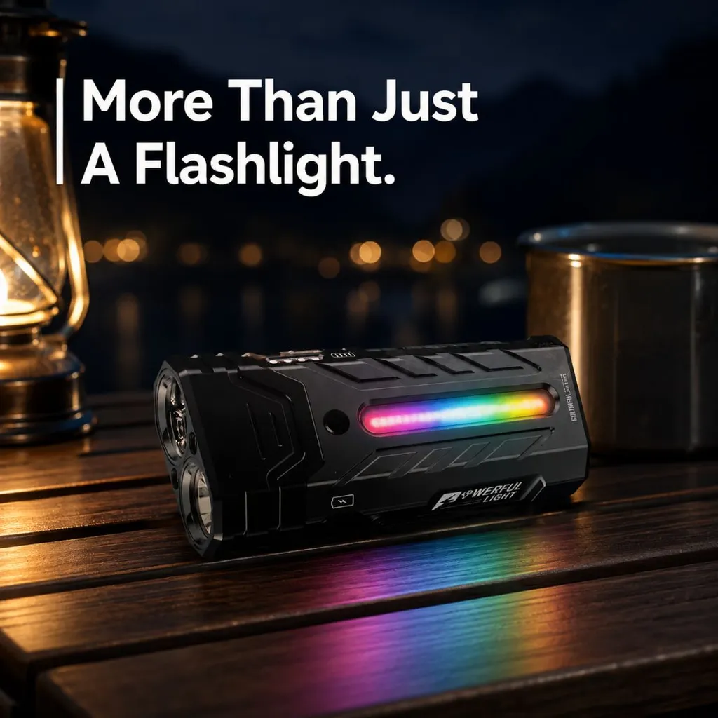 XUGA Stark Akma Series  LED Flashlight, High Power Rechargeable Torch Light with RGB Ambient Light, Flood Beam, IP54 Rated Portable Flashlight for Emergency, Camping, Hiking & Travel