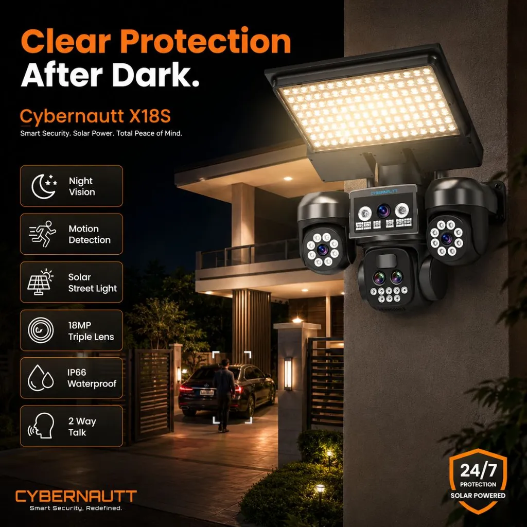 Cybernautt X18S 18MP Triple Lens 4G Sim Solar Security Camera with Solar Street Light, Dual Solar Charging, 3 Motorised PTZ, 355° Rotation, 90° Tilt, 10x Zoom, Night Vision, 2 Way Talk, Motion Detection, IP66 Waterproof, SD Card & Cloud Storage