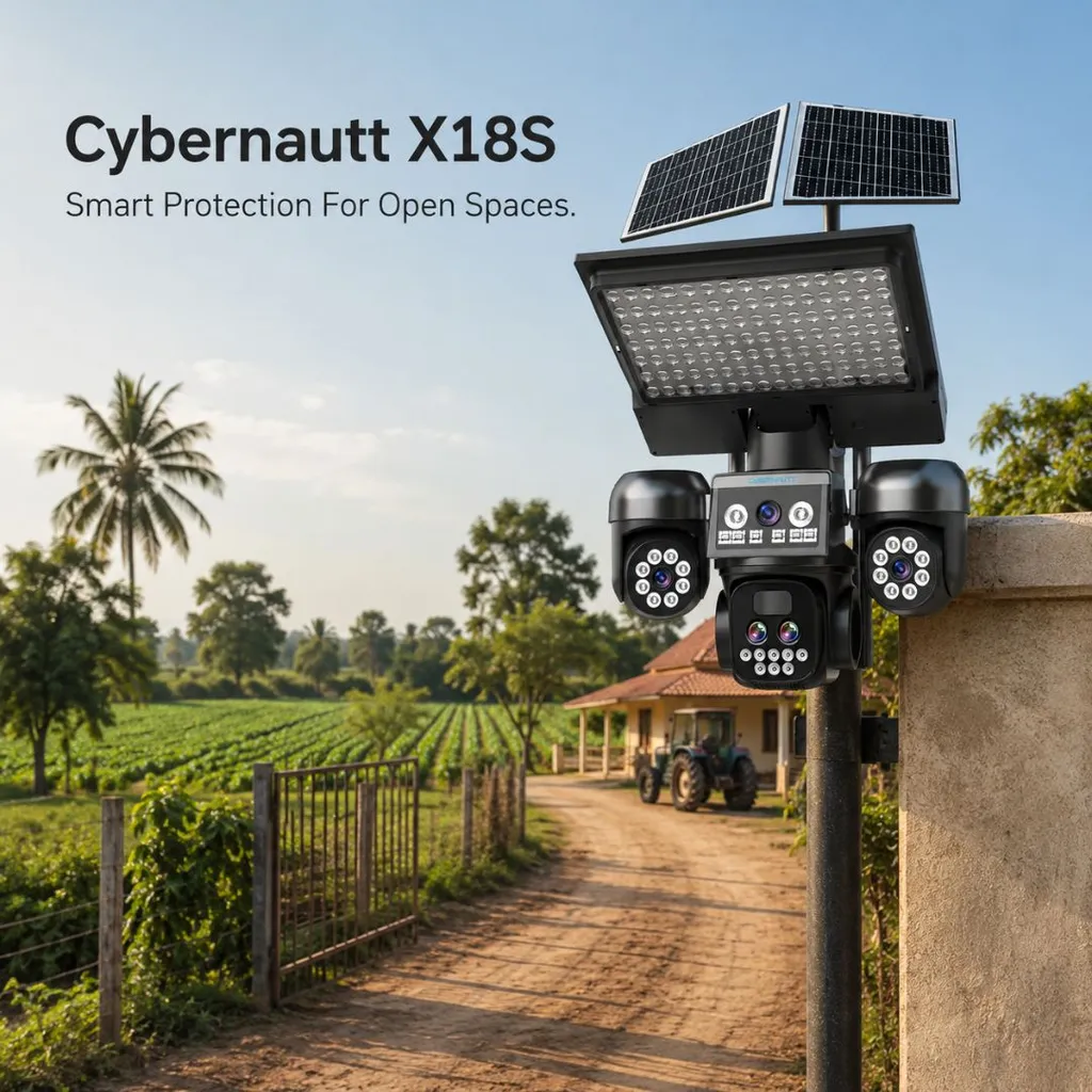 Cybernautt X18S 18MP Triple Lens 4G Sim Solar Security Camera with Solar Street Light, Dual Solar Charging, 3 Motorised PTZ, 355° Rotation, 90° Tilt, 10x Zoom, Night Vision, 2 Way Talk, Motion Detection, IP66 Waterproof, SD Card & Cloud Storage