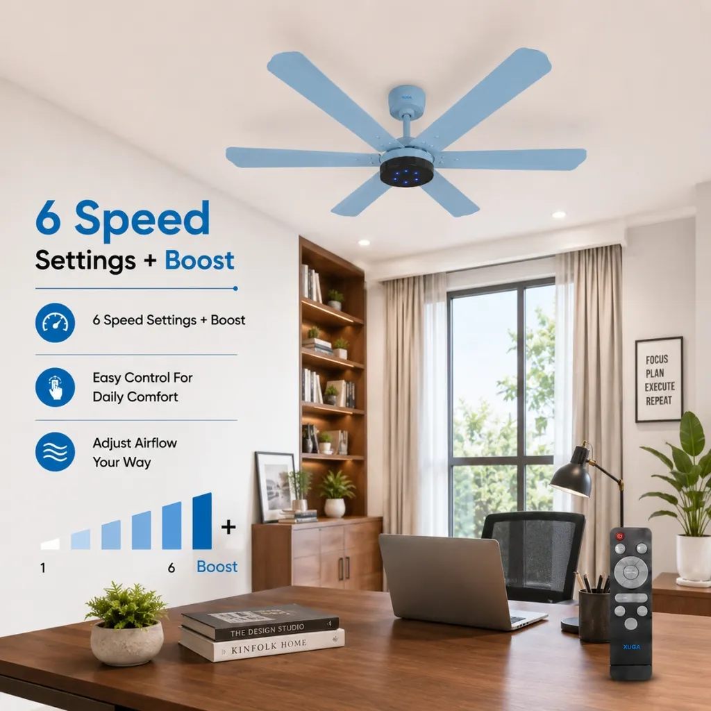 XUGA Jovian F6K Premium Smart 1200mm, BEE 5-star BLDC fan,6 Blade,Remote Ceiling fan for Home, 100% Copper Motor,Energy Saving, High Air Delivery, Aesthetic LED Light (Light Blue) (5 Year Warranty)
