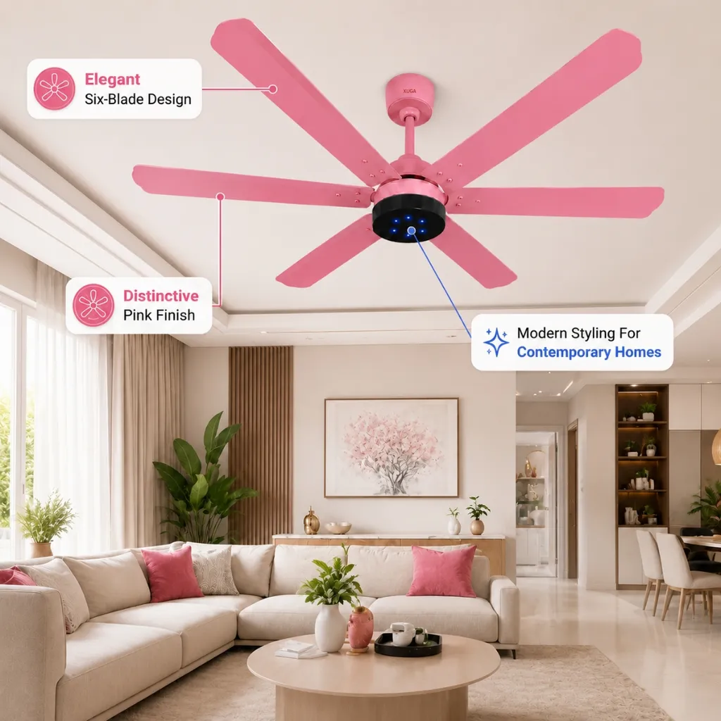 XUGA Jovian F6L Premium Smart 1200mm, BEE 5-star BLDC fan,6 Blade,Remote Ceiling fan for Home, 100% Copper Motor,Energy Saving, High Air Delivery, Aesthetic LED Light (Pink) (5 Year Warranty)
